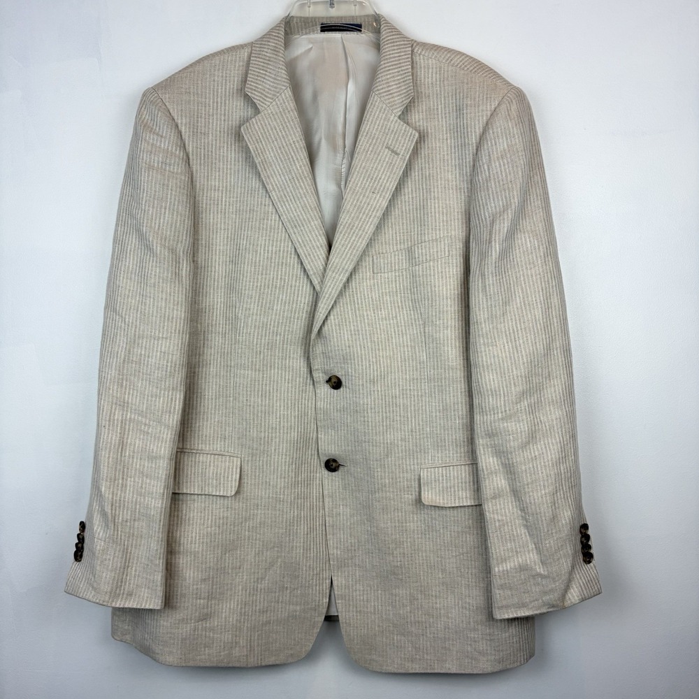 John W Nordstrom Linen Blazer Mens 44R Beige Stripe Sport Coat Coastal Beachy